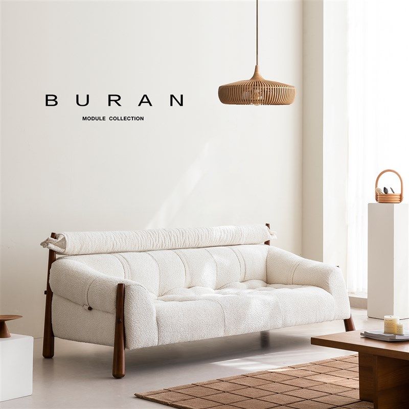 中古奶油风实木布艺设计师创意直排高靠背白色复古白蜡木三人沙发