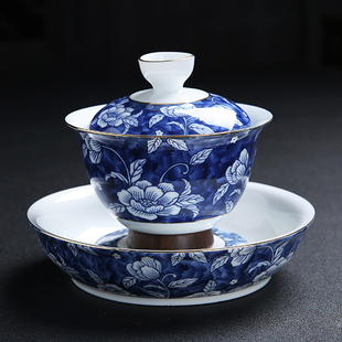 青花瓷盖碗壶承高白瓷敬茶杯陶瓷功夫茶具泡茶碗介杯三才碗套装