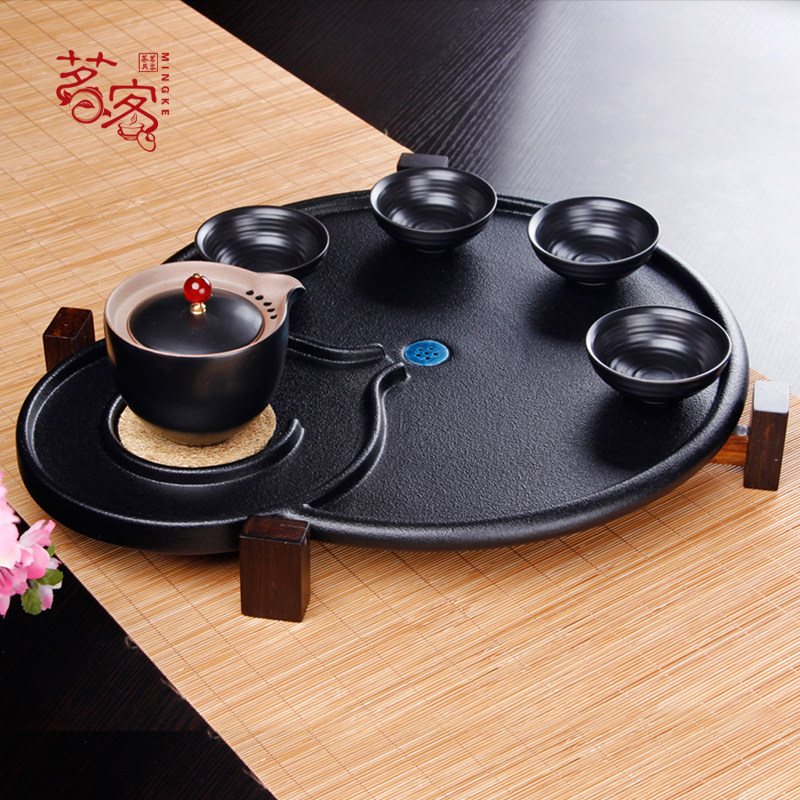 大号圆形陶瓷茶盘 家用黑陶干泡台简约客厅石磨粗陶茶台时来运转