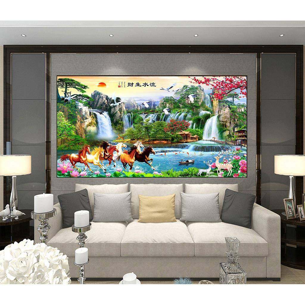 209PIB新款钻石1画满钻客厅流水生财风景山水画成马到功贴钻字十