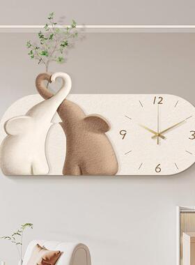 大象立实物砂岩风画带时钟墙表挂客厅装饰画奶油餐XJV厅创体意挂