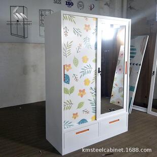 跨境百铁艺花印衣衣柜家居卧室钢制推拉门带71585搭两抽屉柜结实