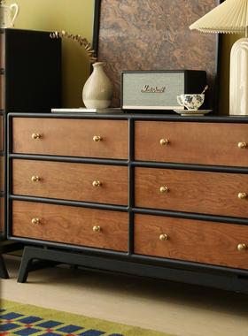 实木六斗柜简约复古设法系式储DXG物柜色收纳柜撞黑色计