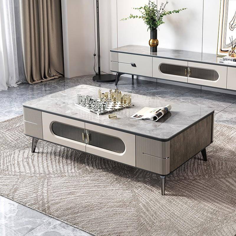 意式极简8025现岩板茶几电视柜柜小客厅家代用简约玻门储璃物地茶