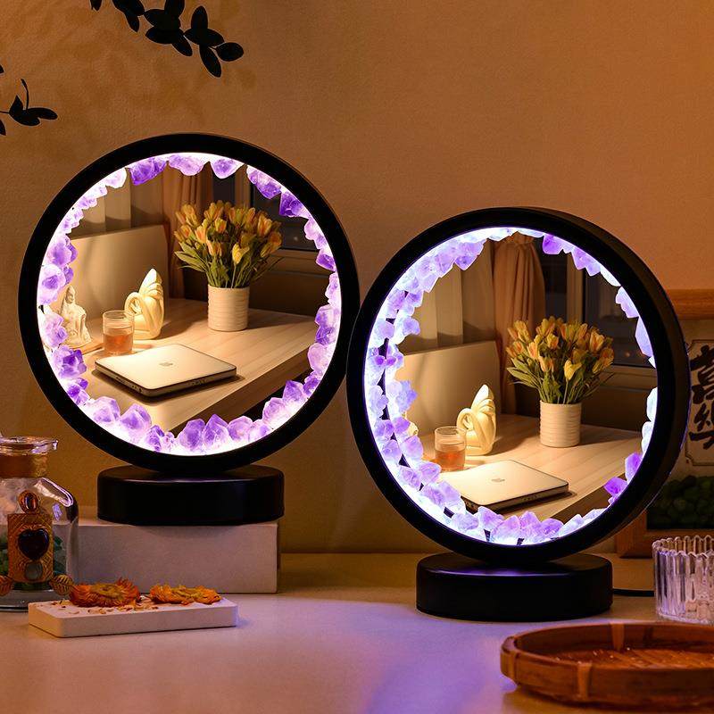 水晶原石圆形LED夜灯台面化妆镜卧室床头usb接口补光梳妆台镜