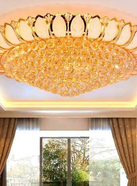 现代圆形金色莲花水晶吸顶灯大气客厅灯LED卧室黄色灯饰
