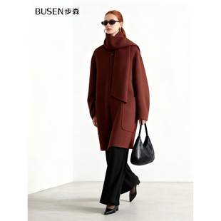 步森busen新时尚 气质宽松搭配围巾帽双面呢大衣女6038