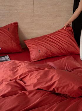 端婚棉四季纯棉贡缎全庆四件套大红色花卉提PQR花结婚高被套床上