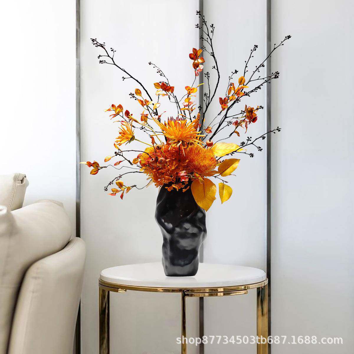 新架中式轻奢色橙红色仿真花STX艺插茶秋花陶瓷玄关几花架博古摆