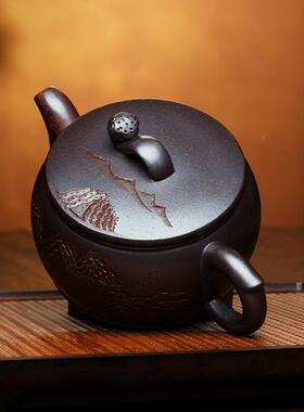 紫砂壶茶壶家用大容量石紫壶壶单原矿紫泥观山鼓77132宜兴手陶工