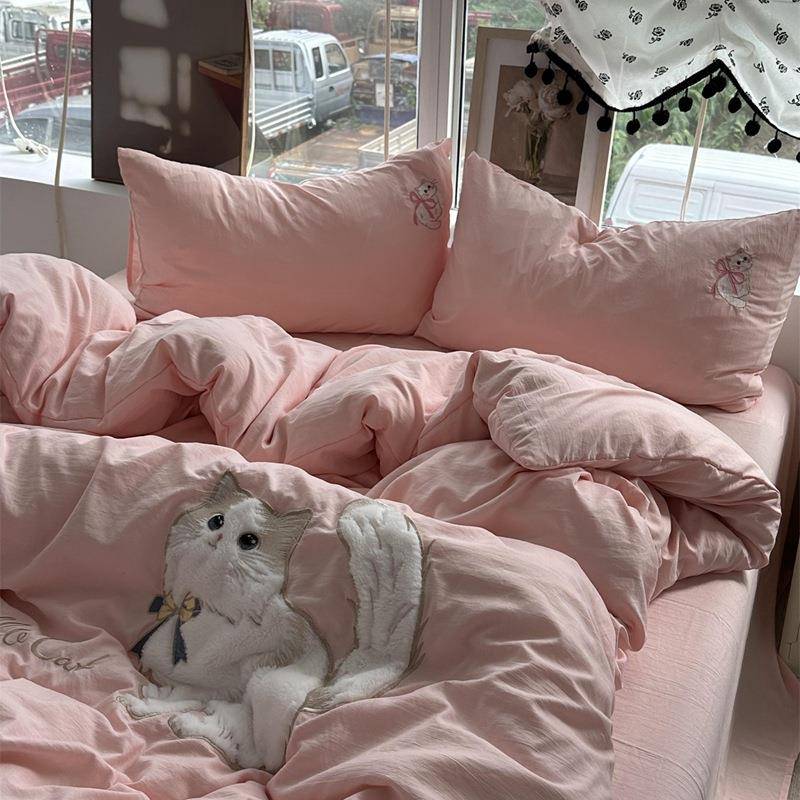 贴撸猫感水洗棉XBL刺绣布绣四件套卡笠通床被单套学生宿舍床三件