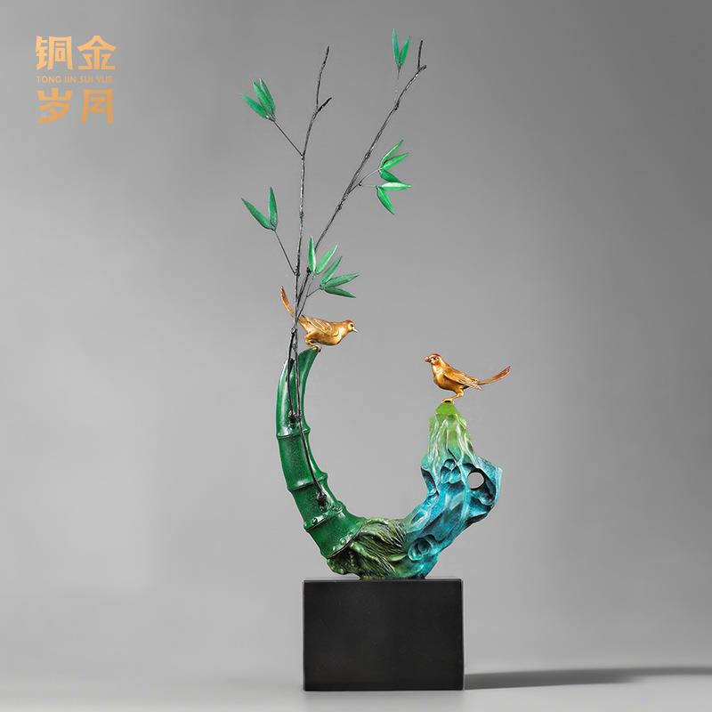 铜岁月竹韵双栖竹子铜摆饰件仿真MFP客富贵竹喜鹊鸟厅金玄关装铜