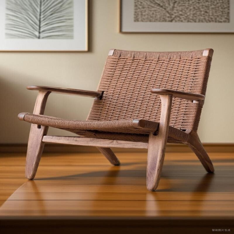 A9L马鞍椅北欧实木复古单人沙发民宿酒店中古绳编折叠椅子靠背椅