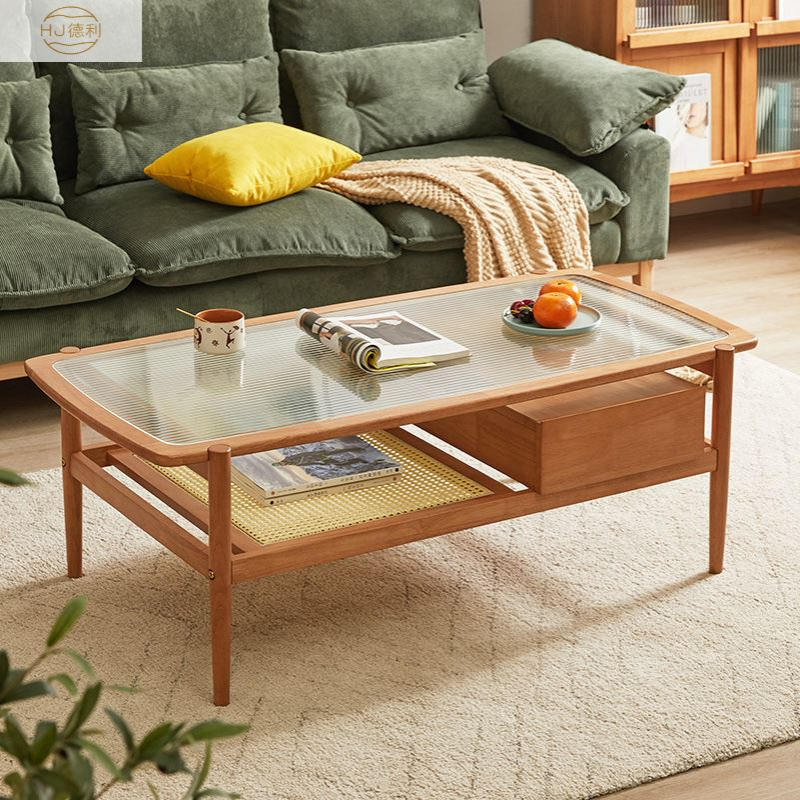 北欧藤编樱桃木色客厅家用茶几日式简约实木茶几小户型圆角茶几