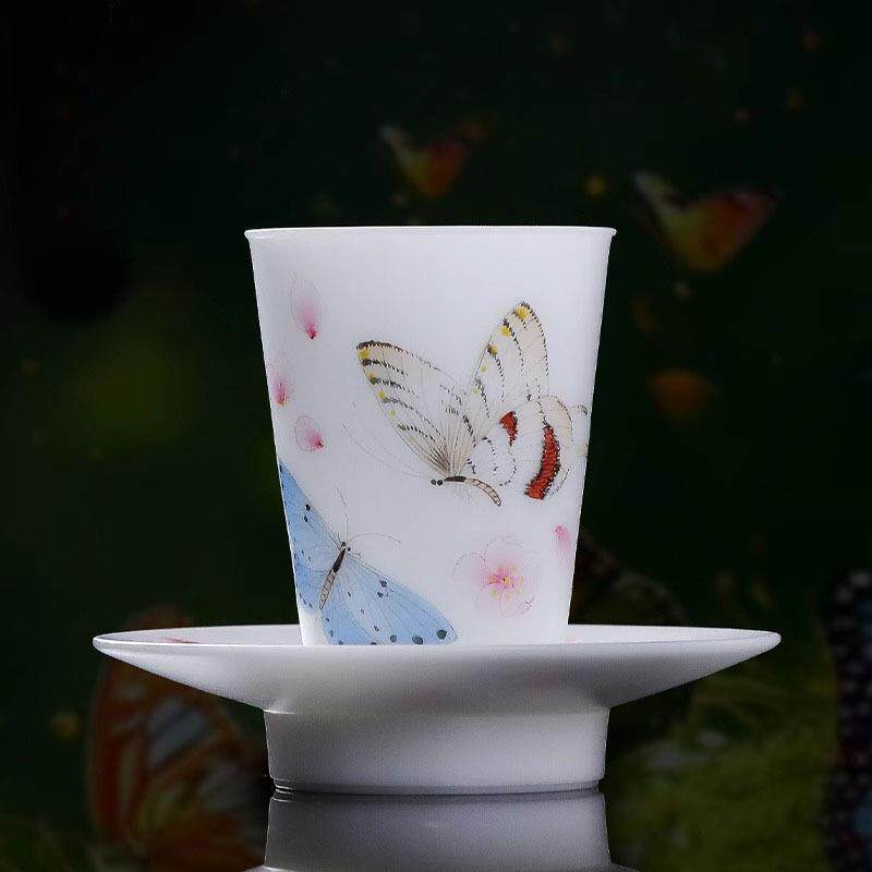 曾逸腾2026新款冰种玉瓷一杯一碟手绘莲花主人杯高档个人专用茶杯