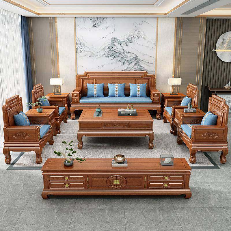 新中式金花梨木整装榫卯结构冬夏两用实木沙发客厅雕花菠萝格家具