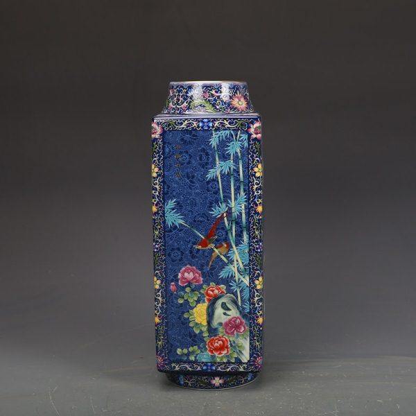清乾隆瓷器蓝地珐琅彩花鸟纹四方瓶仿古瓷器古董古玩旧货老货收藏
