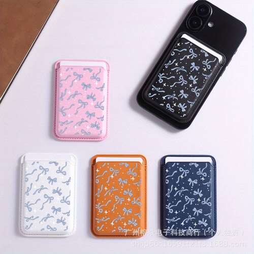 时尚蓝色蝴蝶结适用magSafe磁吸卡包苹果iphone17pro卡套式卡夹PU
