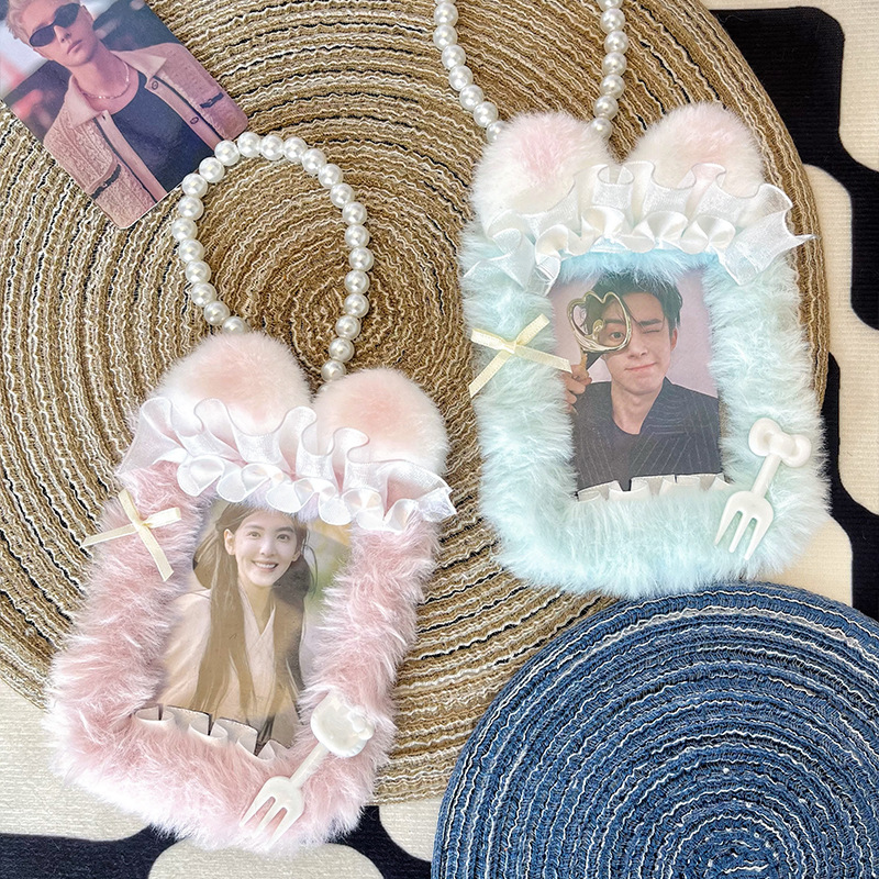 ins少女心毛绒小猫珍珠蕾丝卡套