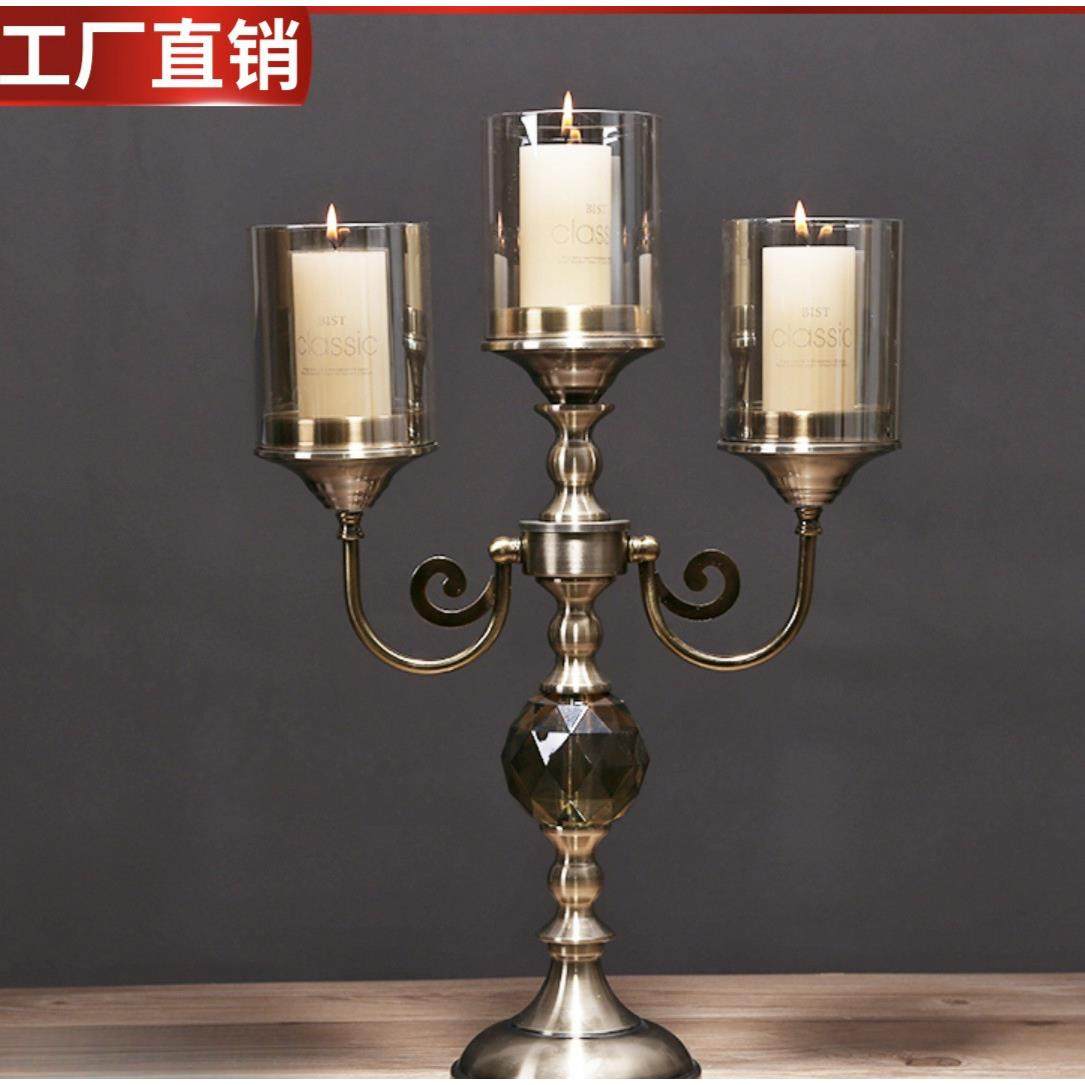 美式复古金属玻璃三头蜡烛台欧式轻奢样板间客厅餐桌家居装饰摆件