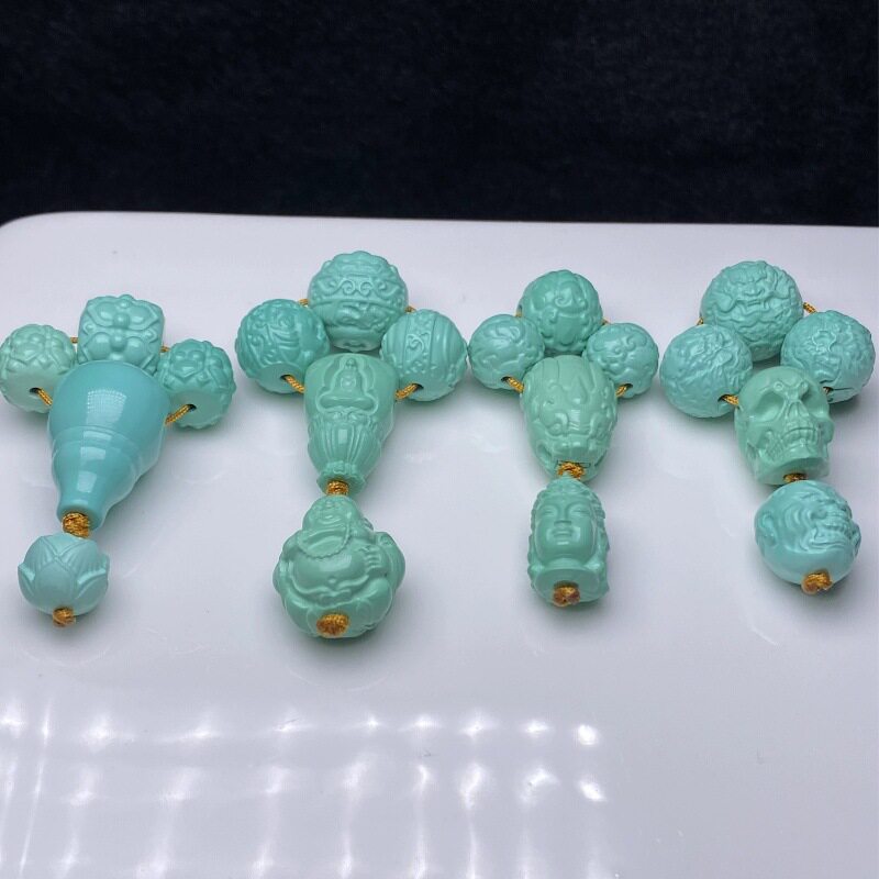 湖北十堰原矿高瓷丫角山果冻料绿松石三通雕刻套装背云配珠饰配件