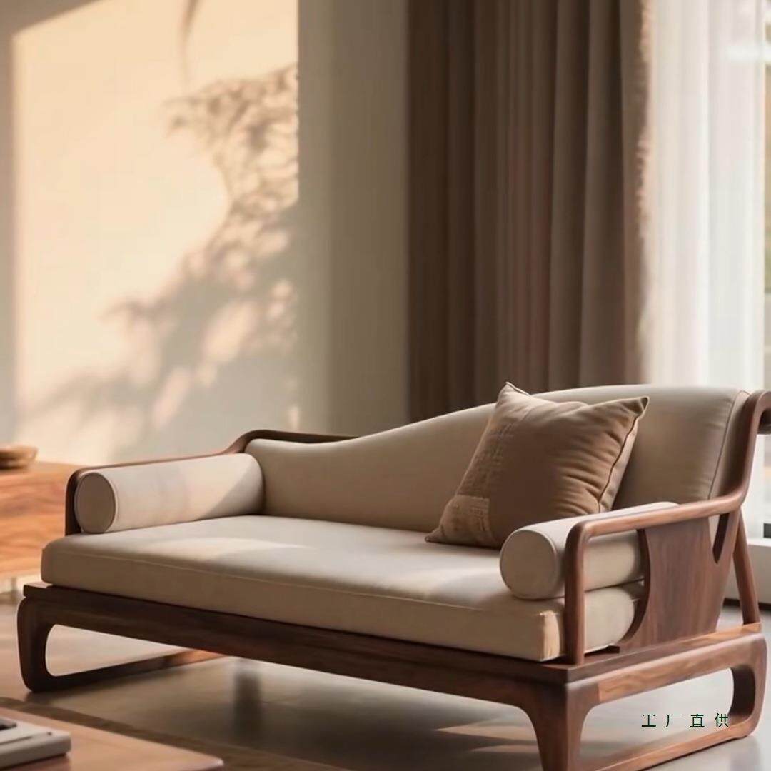 新中式北美黑胡桃木贵妃椅宋式美学客厅实木贵妃榻阳台躺椅家具