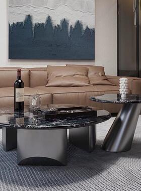 意式极简圆形超晶石大小茶几客厅轻奢现代简约亮光灰色大理石