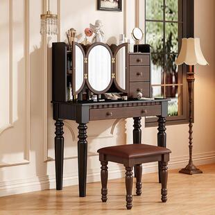 美式实木梳妆台化妆镜现代轻奢复古法式书桌化妆桌一体卧室小户型