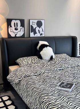 fLE黑色真皮床皮床现代简约婚床主卧大床大气轻奢卧室意式极简双