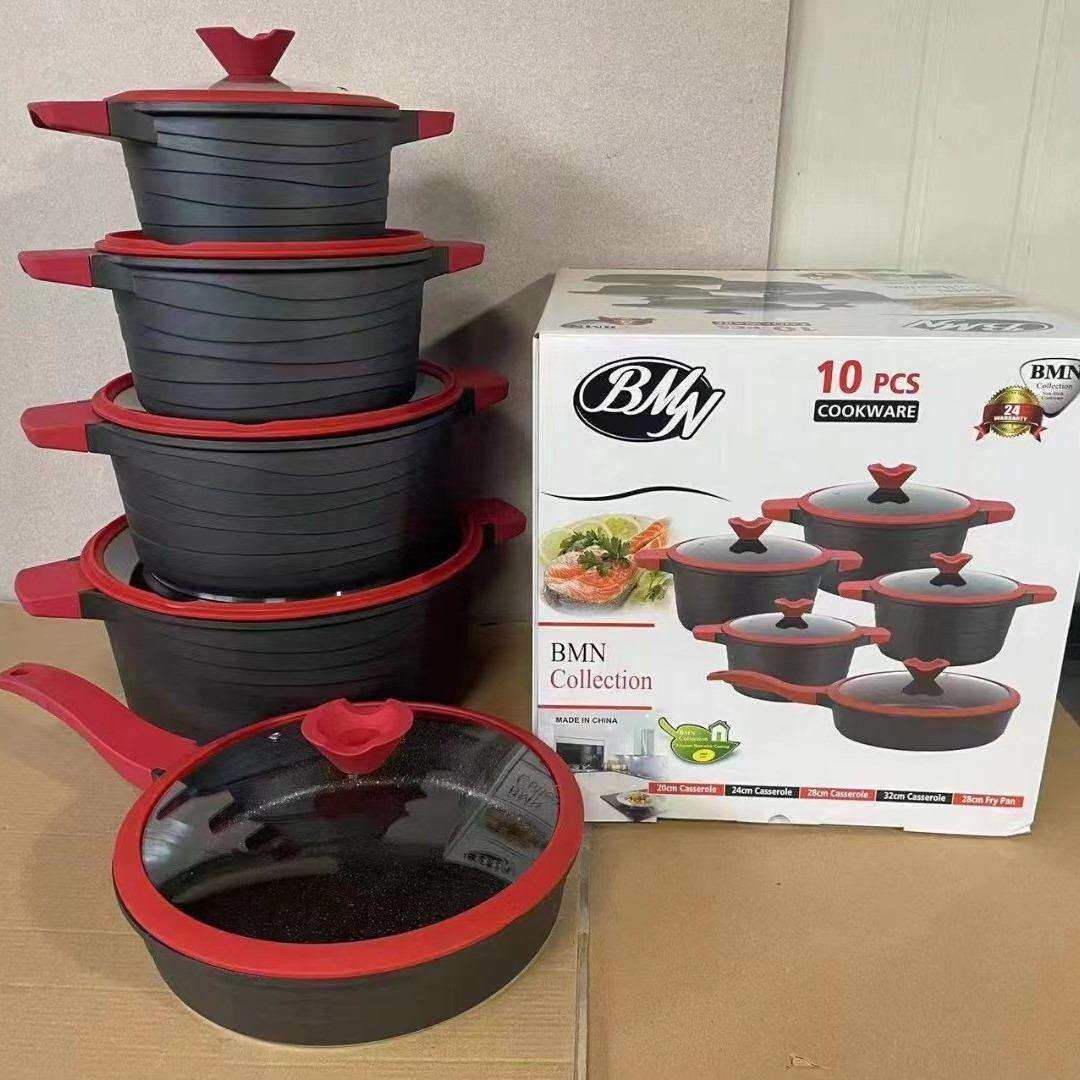 BMN外贸10件套款锅具套装麦饭石不粘锅铝制套装组合汤锅套件