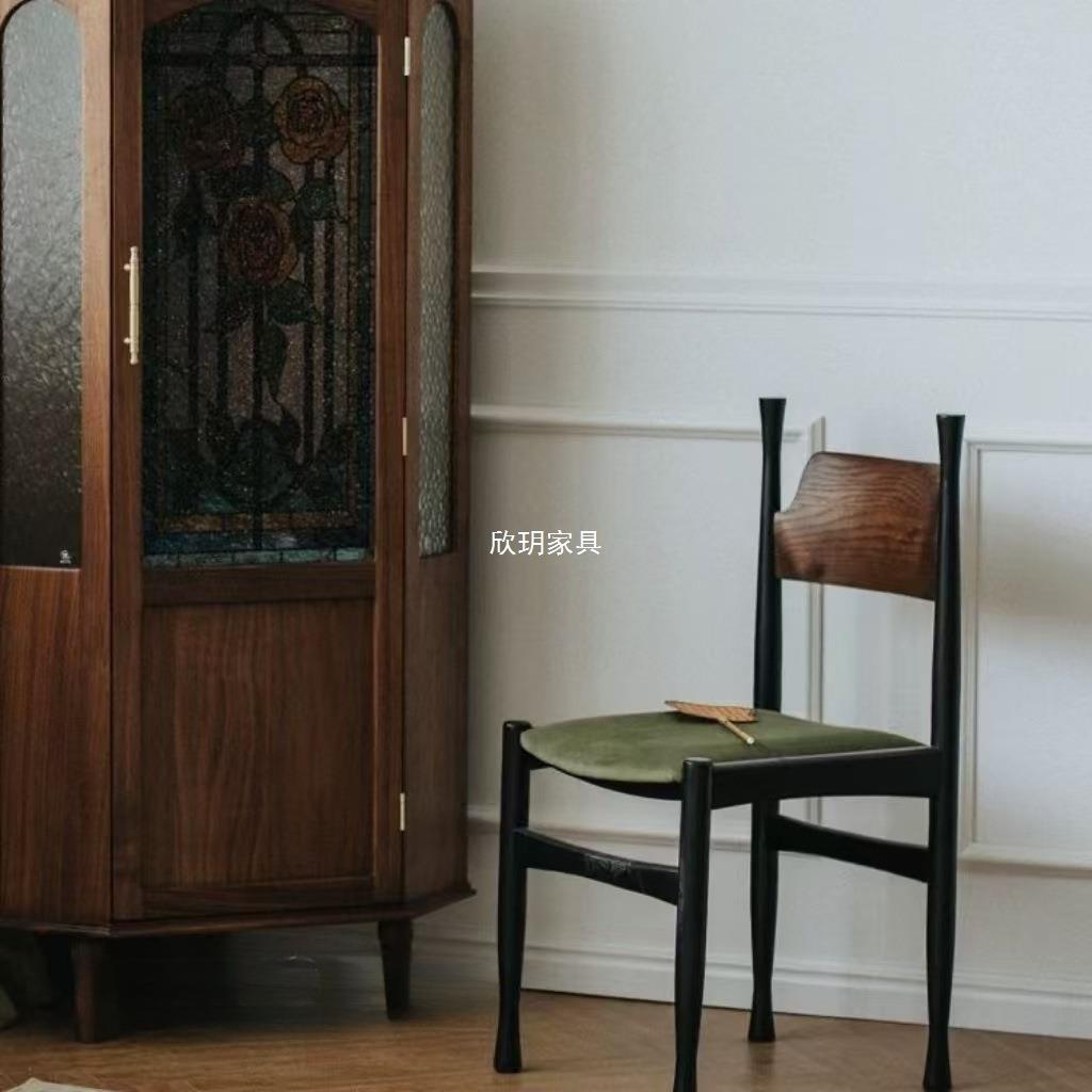 法式中复古风餐椅绿色椅子实木高级感梳化妆靠背冲冠椅客厅餐桌椅