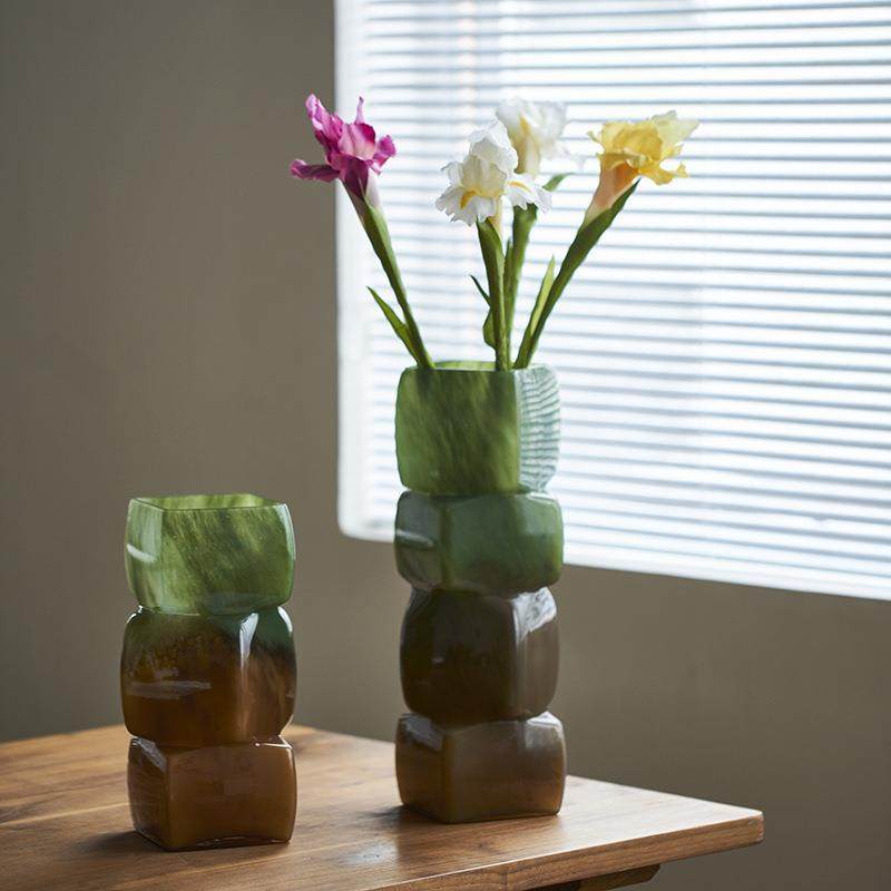 中古风渐变彩色几何方块花瓶餐桌软装酒店电视柜台面装饰玻璃摆件