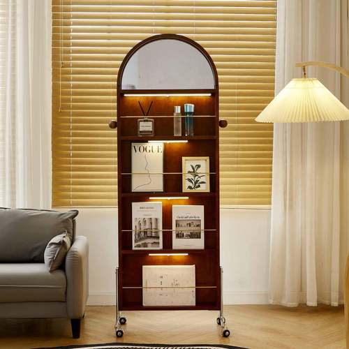 中古实木可移动全身镜家用置物架杂志架复古落地旋转穿衣镜全身镜