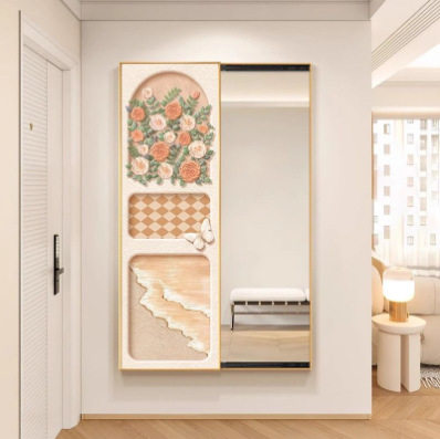 奶油风暗藏式全身镜装饰画隐形穿衣镜挂墙画入户玄关推拉镜子壁画