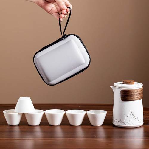 旅行茶具便携式茶水分离一体收纳粗陶材质隐山套装随身包