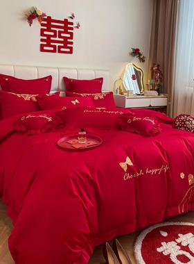 婚刺庆床四WZ100857件套大红色全上纯棉绣新结婚房喜被套六八十件