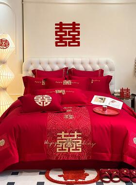 式龙凤刺绣婚庆四件大套红色结陪嫁床单被套婚ZD床中上用品送礼红
