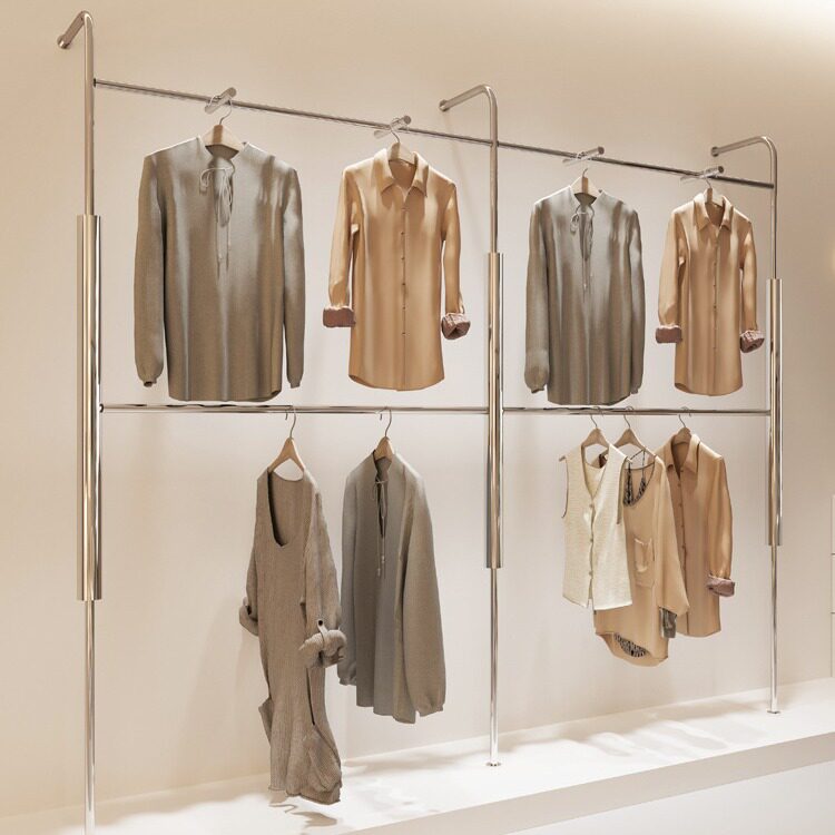 不锈钢服装店展示架落地式陈列架子简约上墙男装店双层带正挂货架
