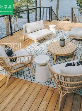 网红户外沙发设师30341民计宿客栈阳台庭院台茶桌椅组露合闲休藤