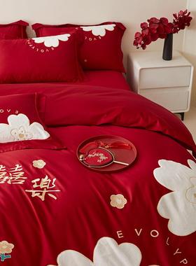 中QLZ式结婚四件套用喜大红色婚被套纯棉婚新庆床上品婚房陪嫁被