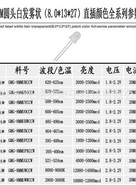 F88/m白发黄雾长脚m发光二极8mm白发管状圆头雾状直插灯珠颜色支