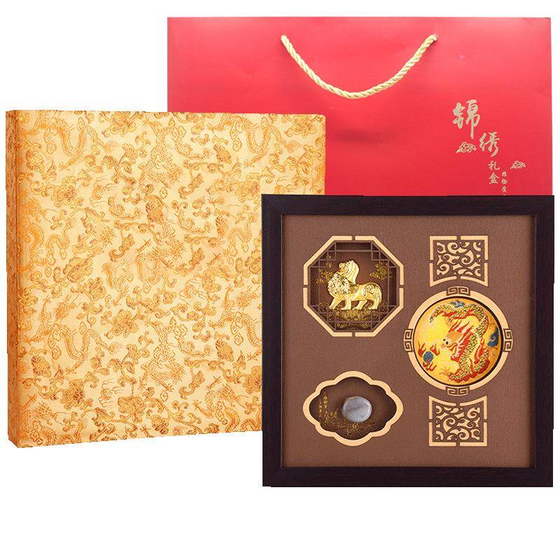 金陵三宝云锦雨花石金箔摆件企业logo锦盒包装南京特产摆件商务礼
