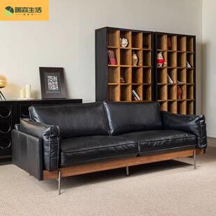 复古中古实木真皮沙发法式高级感大小户型客厅创意直排轻奢油蜡