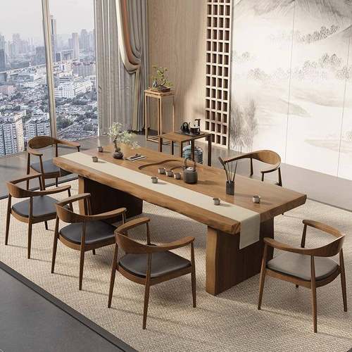 新中式实木大板茶桌办公室茶台茶楼茶室泡茶桌椅组合售楼部接待桌