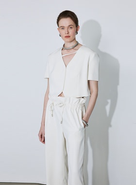 V领箱型金属拉链短袖V领箱型拉链无袖上衣花边松紧腰阔腿休闲裤