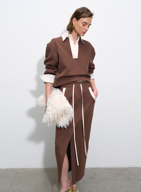 APARALLEL衬衫领果冻空气棉短款卫衣/果冻空气棉拼接开衩半裙