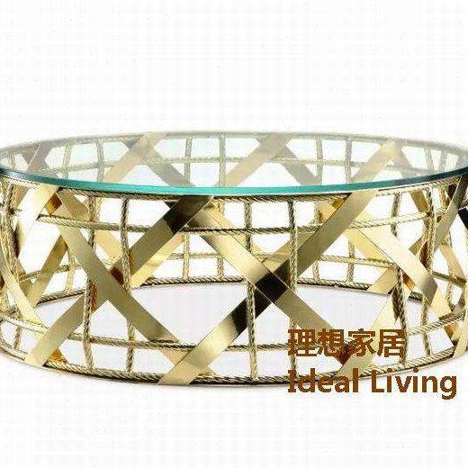 后现代简约不锈钢茶几 钢化玻璃大圆几 酒店样板房茶几 镀金茶几