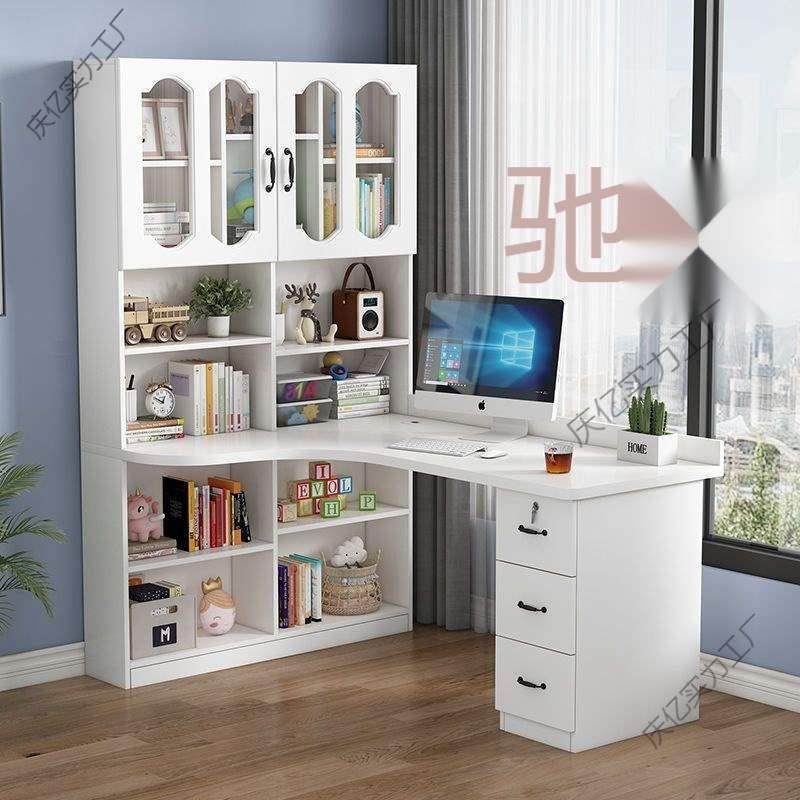 实木转角电脑桌书桌书架组合学生写字桌带书柜家用卧室儿童学习桌