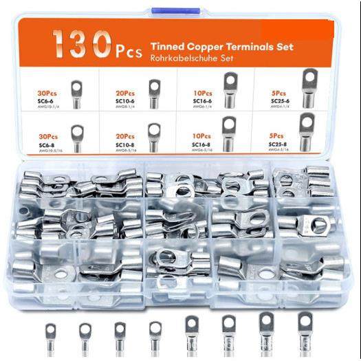 外贸货130pcs窥口铜管端子SC接线端银色铜鼻子连接器电商冷压