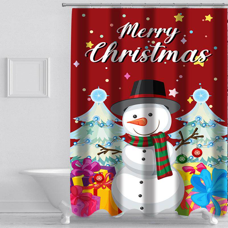圣诞节浴帘四件套浴室隔断帘免打孔防水防霉浴帘